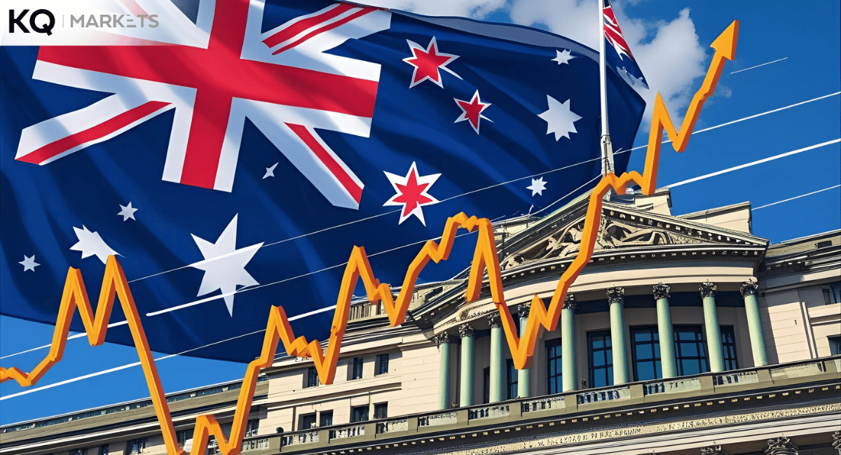 AUD/JPY currency pair chart showing an upward trend and breakout potential, with an Australian flag or RBA building in the background.