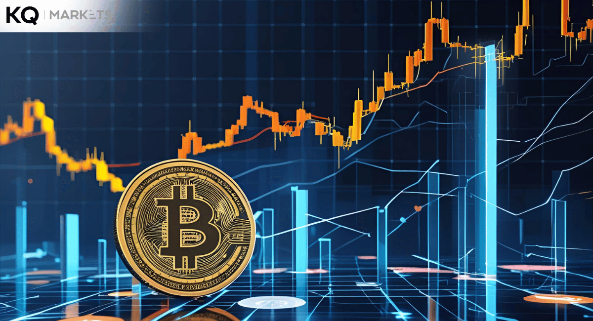 Bitcoin cryptocurrency soaring to a new all-time high on a digital chart, with abstract blockchain elements and a sense of breakthrough.