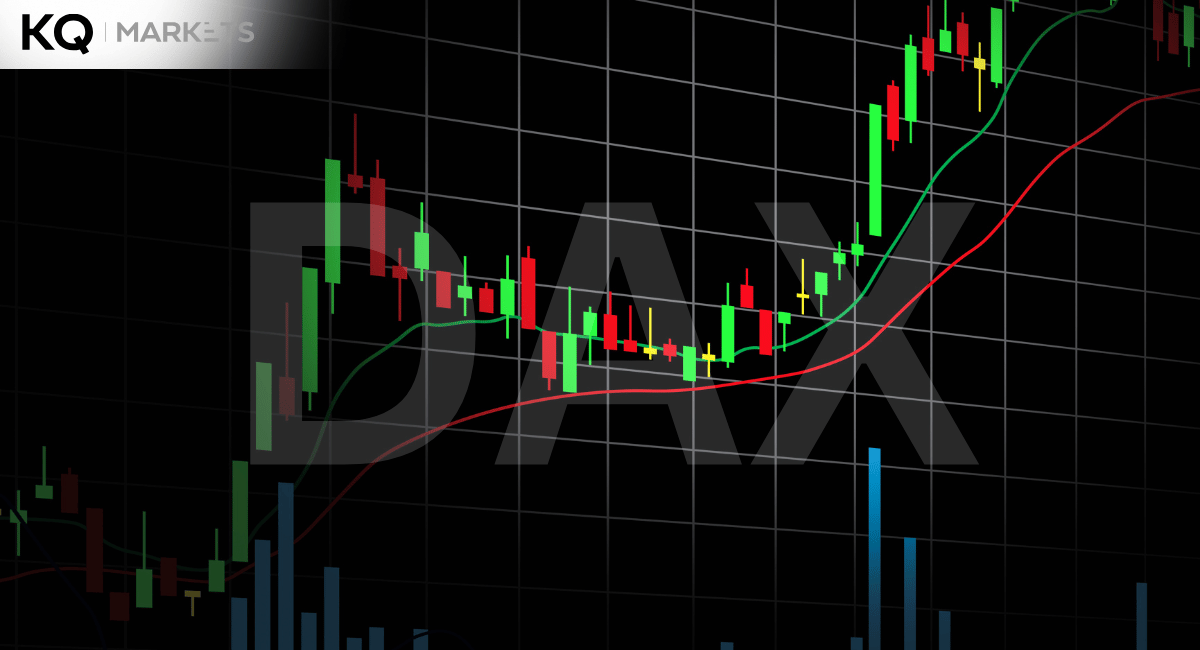 Abstract graphic representing the DAX Index's upward trend, with subtle interlocking shapes for trade, a Euro symbol for ECB policy, and a dollar sign for Fed influence.