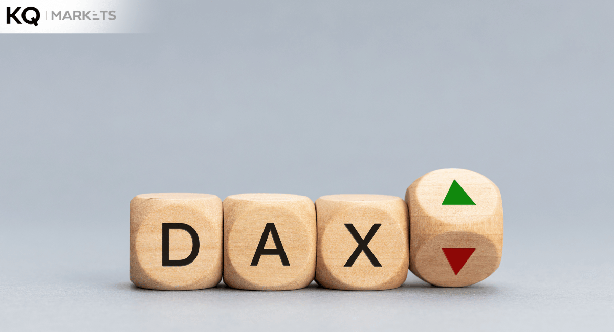 DAX 40 index chart showing market movement, with abstract elements representing trade negotiations, ECB policy, and inflation data