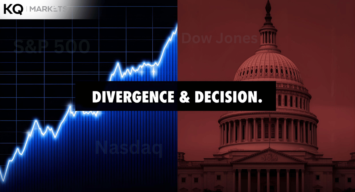 Trader’s desk showing charts of US indices with the US Capitol in the background.