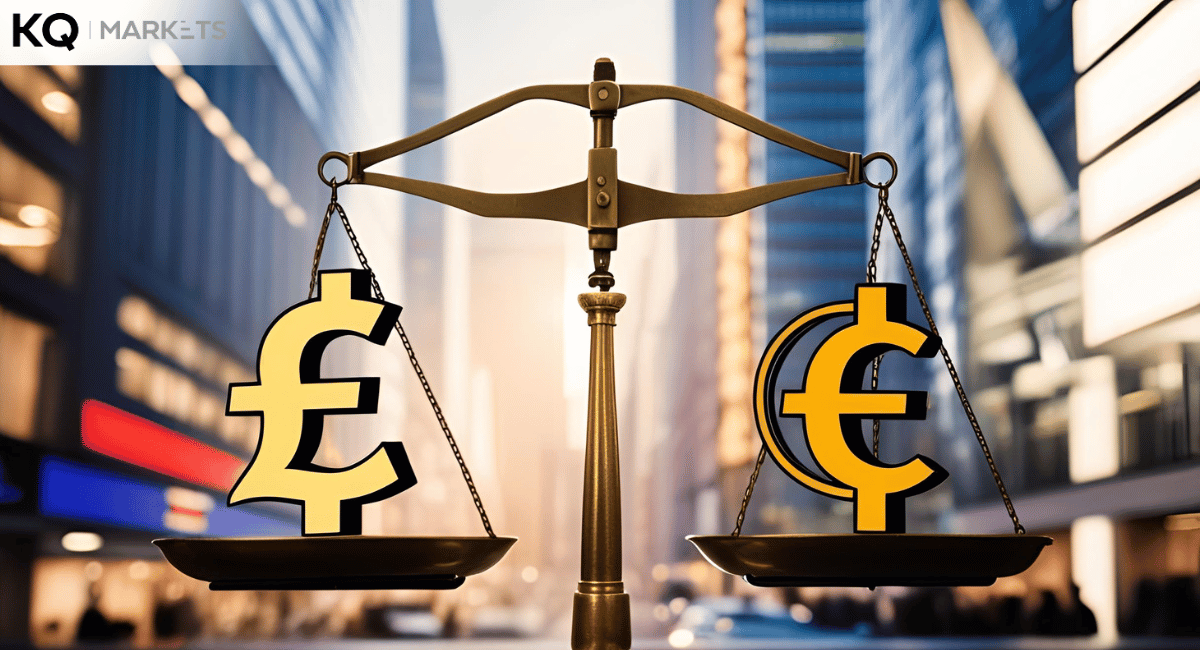 Euro and Pound currency symbols balanced on a scale, representing the EUR/GBP pair