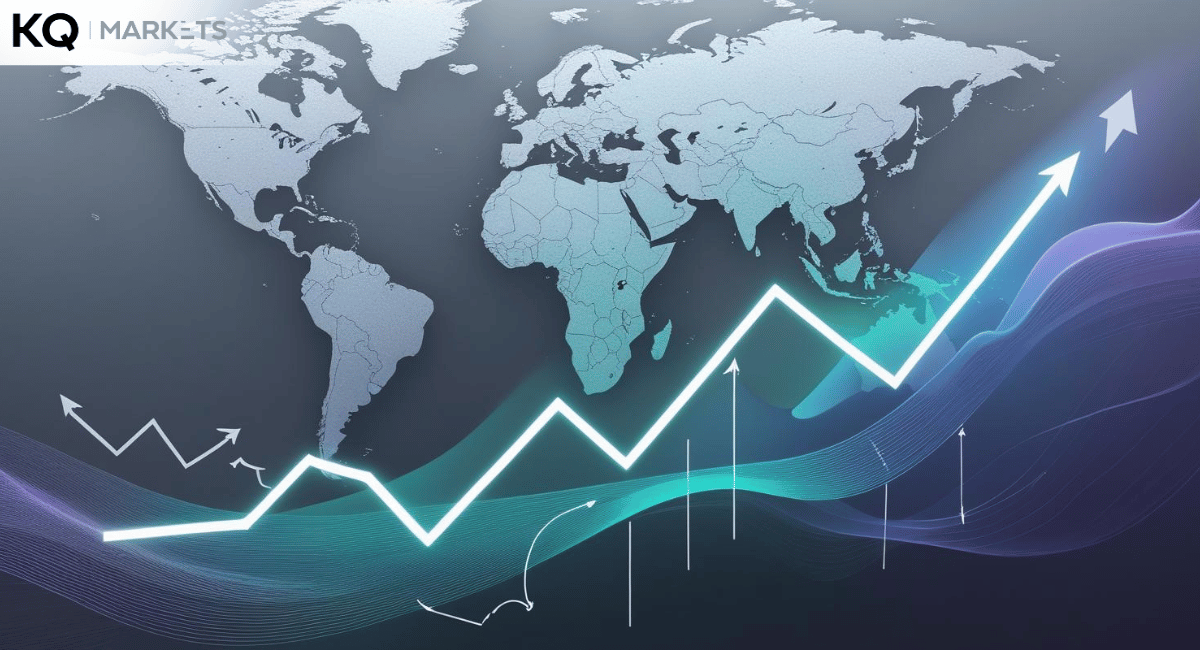 Global stock market chart rising with symbols of peace, showing relief from geopolitical tensions