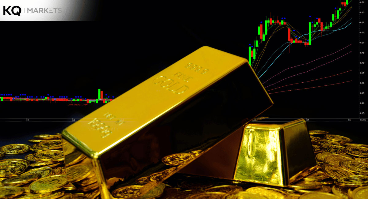 Gold bars with fluctuating market charts