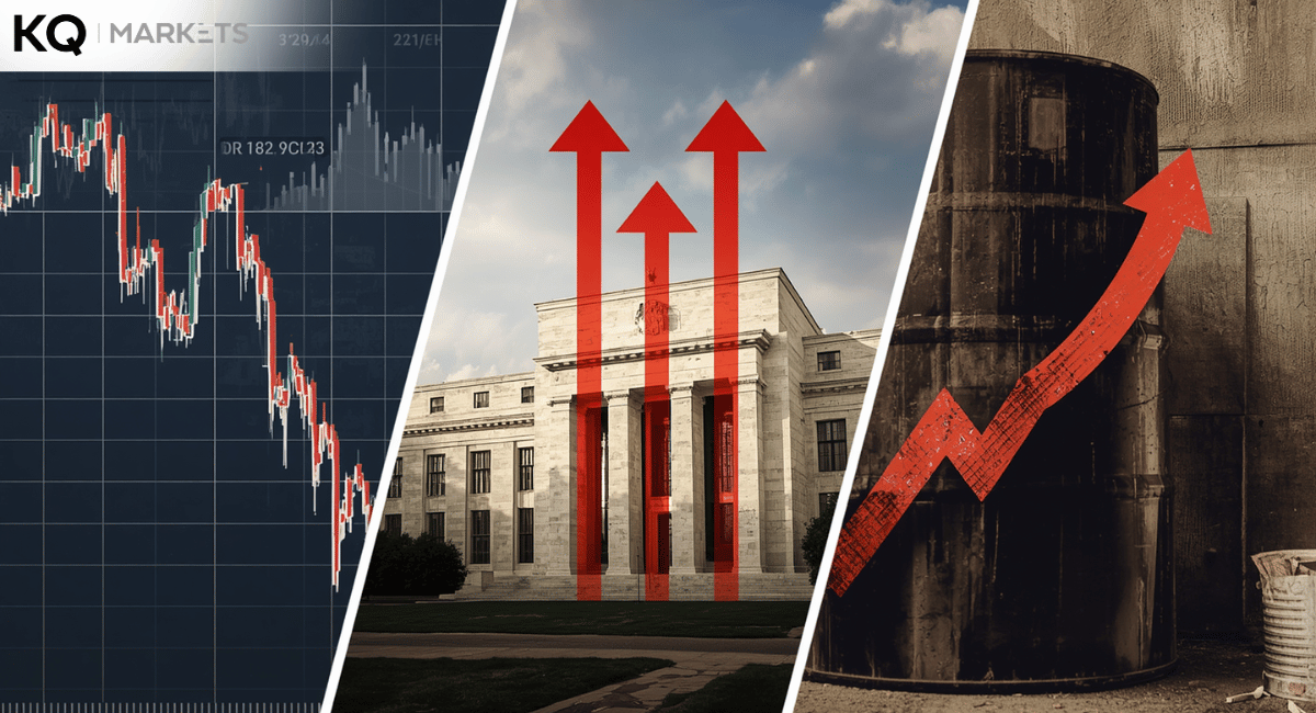 Market reaction to hawkish Fed pause with three FOMC dissents in favour of hikes, showing Dow sell-off and rising Treasury yields.