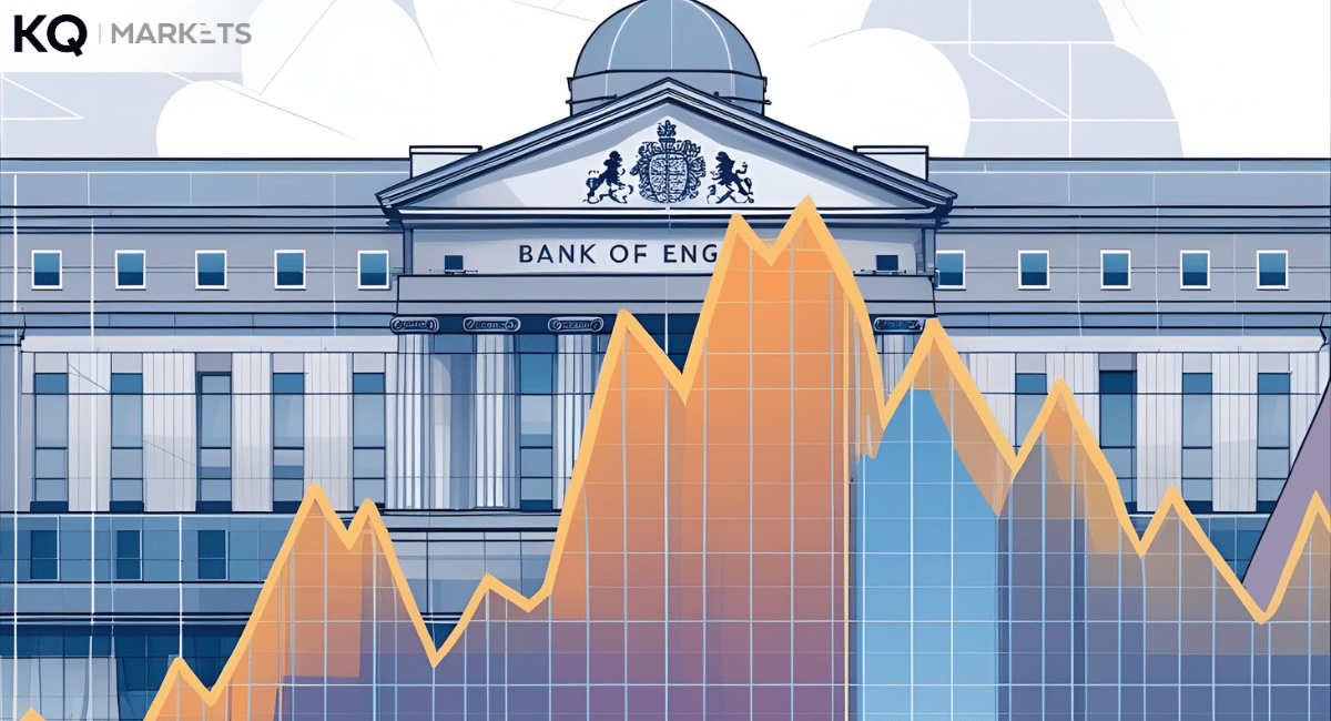 British Pound (GBP) currency chart spiking upwards, with an abstract graph showing stable inflation and a Bank of England building in the background.