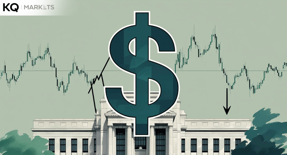 US Dollar currency symbol with a downward arrow, a chart showing bearish divergence, and a subtle image of the Federal Reserve building, representing dovish speculation.